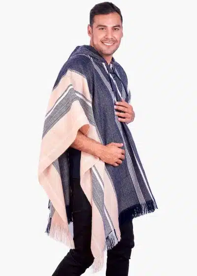 INTI0105 INTI ALPACA Hodded Beige and Blue Alpaca Poncho for Men Suyana Traditional Peruvian Blanklet Poncho Cloak Wool Cape