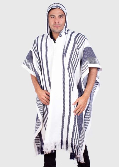 Hoddie White and Blue Soft Alpaca Poncho for Men “Nina”