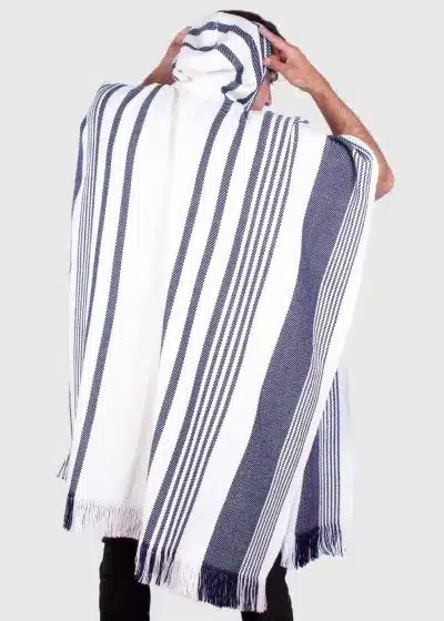 Hoddie White and Blue Soft Alpaca Poncho for Men “Nina”