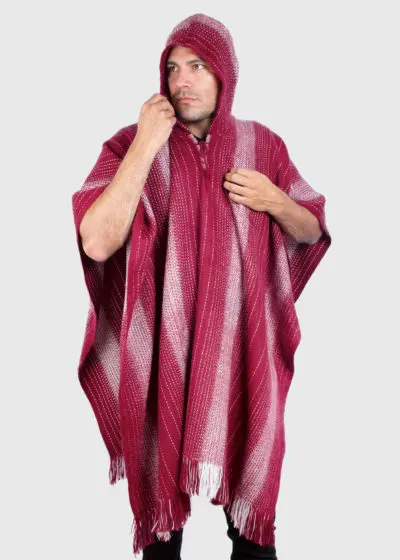 Hoddie Burgundy Soft Alpaca Poncho for Men “Cusi”