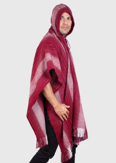 Hoddie Burgundy Soft Alpaca Poncho for Men “Cusi”