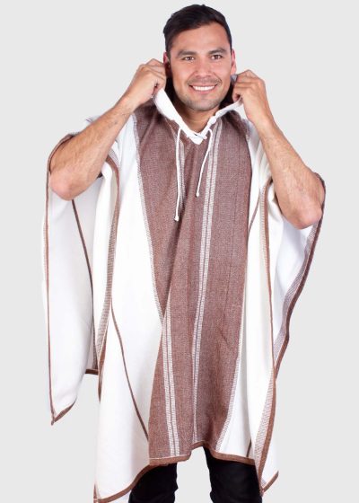 Hoddie Brown and White Soft Alpaca Poncho for Men “Illari”