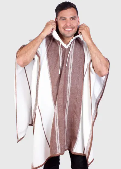 Hoddie Brown and White Soft Alpaca Poncho for Men “Illari”