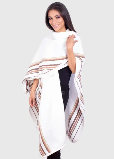 Soft Alpaca Ruana in White with Brown Stripes “Volga”