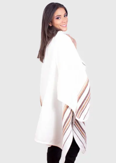 Soft Alpaca Ruana in White with Brown Stripes “Volga”