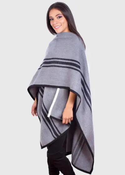 Soft Alpaca Ruana in Gray with Charcoal Stripes “Mississippi ”