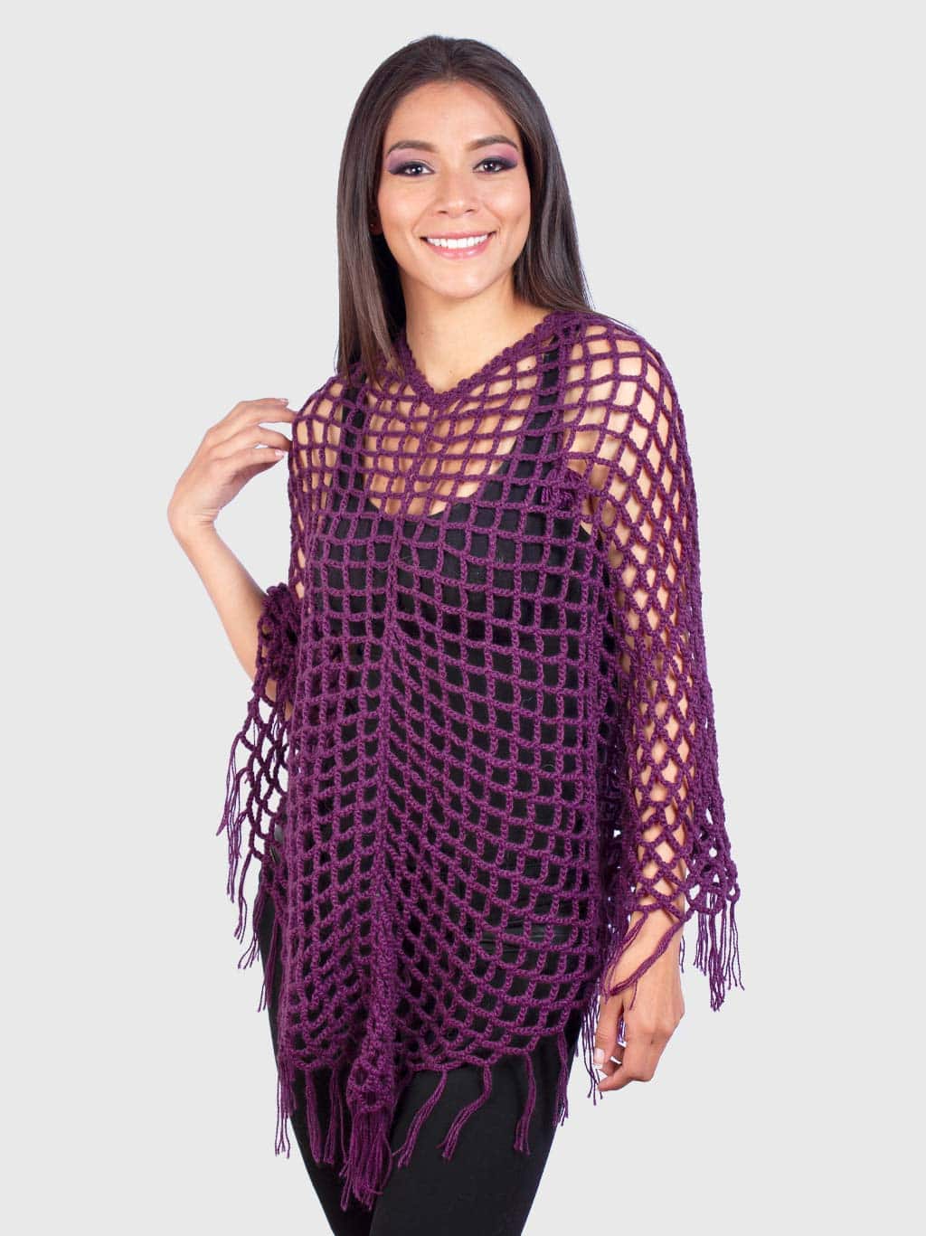 Violet Hand Crocheted Alpaca Fringed Poncho.