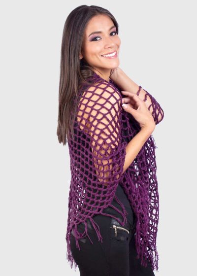 Violet Hand Crocheted Alpaca Fringed Poncho.