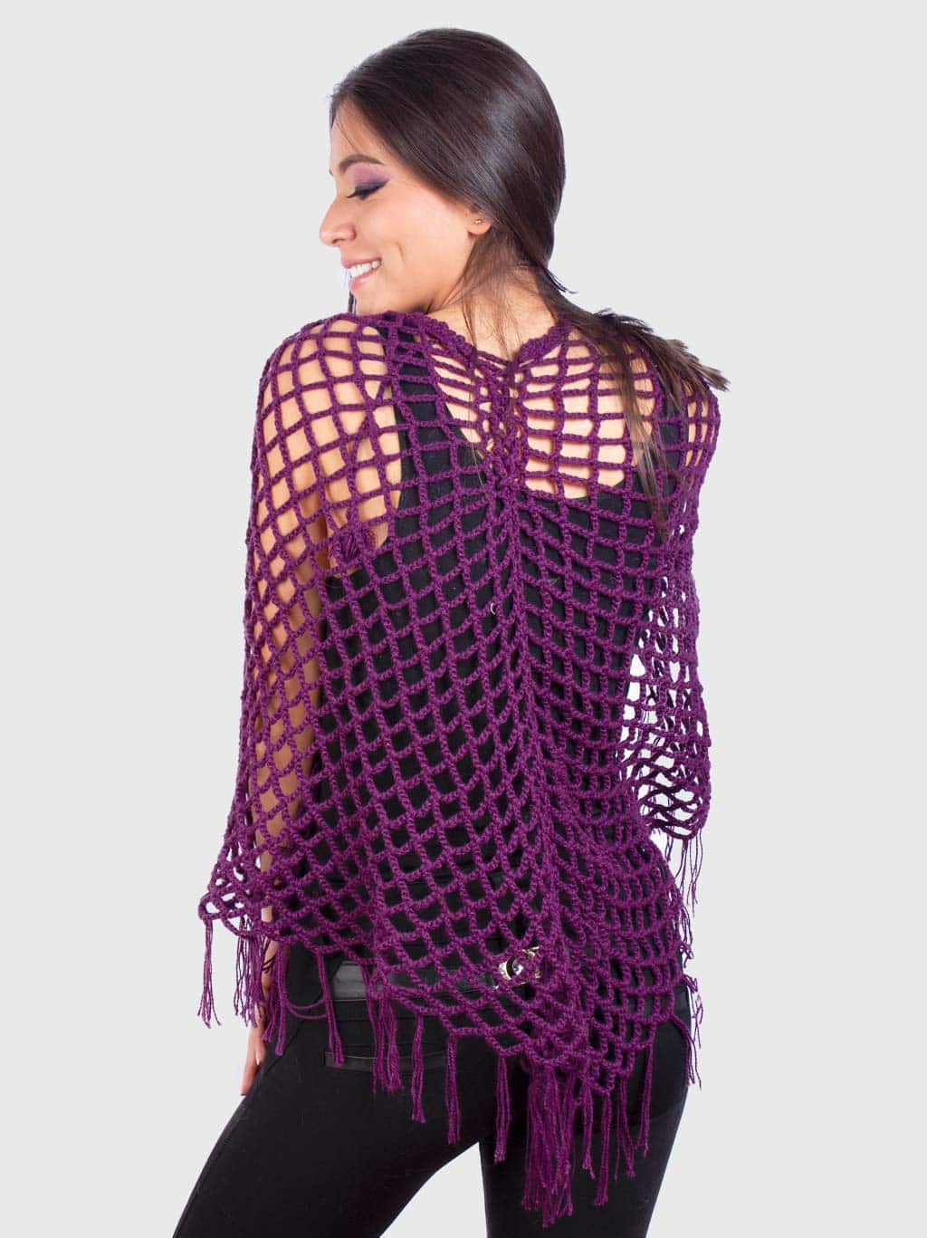 Violet Hand Crocheted Alpaca Fringed Poncho.