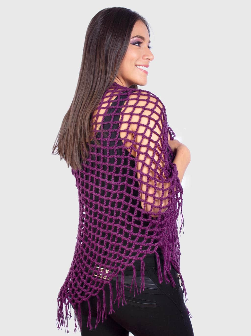 Violet Hand Crocheted Alpaca Fringed Poncho.
