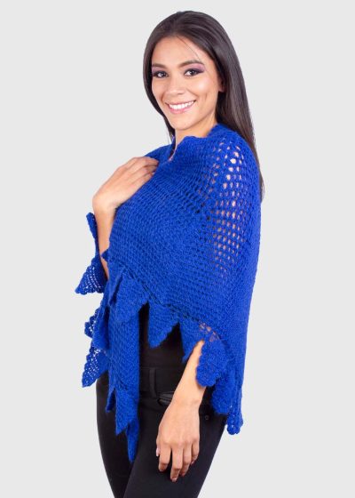 Artistically Hand Crocheted Alpaca Shawl in Blue "Trinidad"