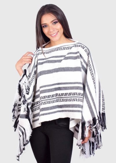 White Alpaca Poncho with Geometric Black Design “Nazca”
