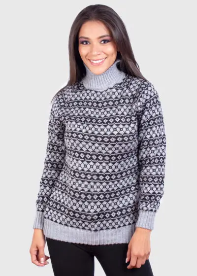 Turtleneck Gray and Black Alpaca Sweater for Women