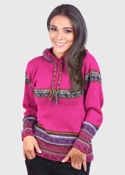 Alpaca Women’s knit hooded Fuchsia sweater with multicolored pattern