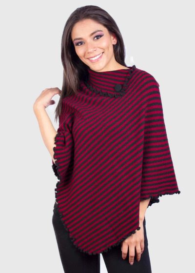 Burgundy and Black Alpaca Poncho with Diagonal Stripes “Willka”