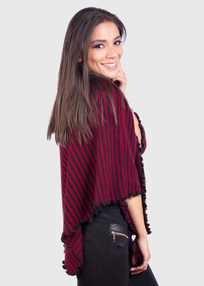 Burgundy and Black Alpaca Poncho with Diagonal Stripes “Willka”