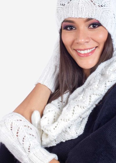 INTI ALPACA Winter Accessory Set Hand Knitted in White Alpaca Wool for Women: Hat, Scarf and Mittens INTI0143
