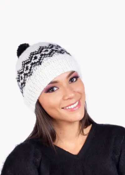 IntiAlpaca White and Black Alpaca beanie hat