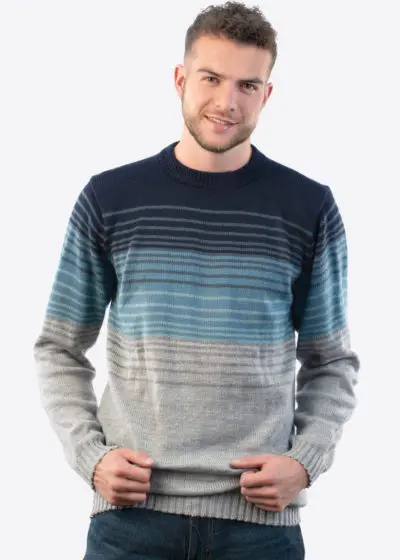 Intialpaca Men's Crew neck Striped Degrade Blue Alpaca Sweater "Everest"
