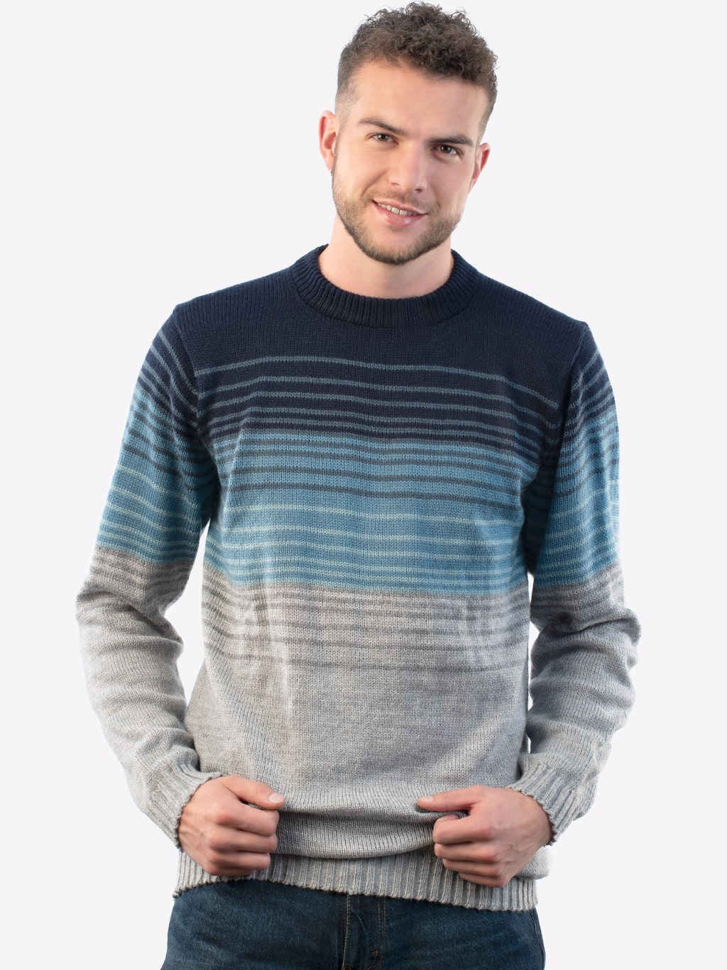 Mens Crew Neck Striped Degrade Blue Alpaca Sweater Everest Inti