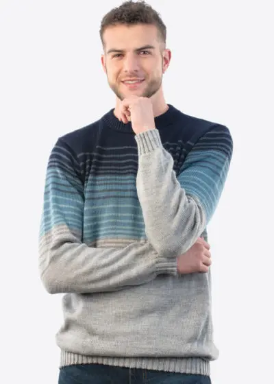 Intialpaca Men's Crew neck Striped Degrade Blue Alpaca Sweater "Everest"