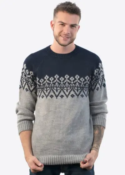 Intialpaca Handmade Crewneck Blue and Gray Alpaca Sweater for Men "Olympus"