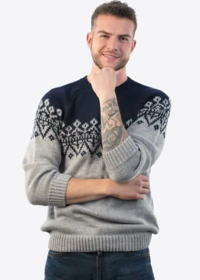 Intialpaca Handmade Crewneck Blue and Gray Alpaca Sweater for Men "Olympus"