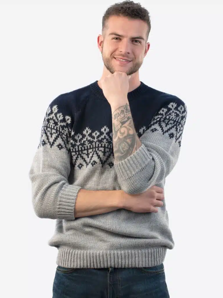 Intialpaca Handmade Crewneck Blue and Gray Alpaca Sweater for Men "Olympus"