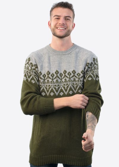 Intialpaca Handmade Crewneck Gray and Green Alpaca Sweater for Men"Fuji"