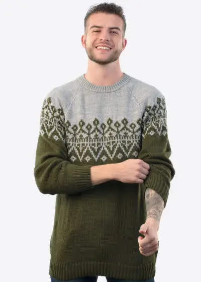 Intialpaca Handmade Crewneck Gray and Green Alpaca Sweater for Men"Fuji"