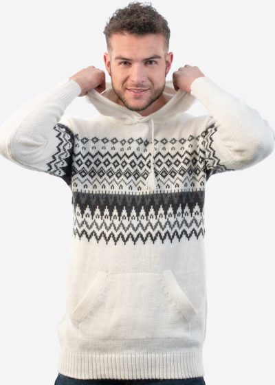 INTI0212 Hoddie Sweater for Men with Kangaroo Pocket in White Alpaca Wool