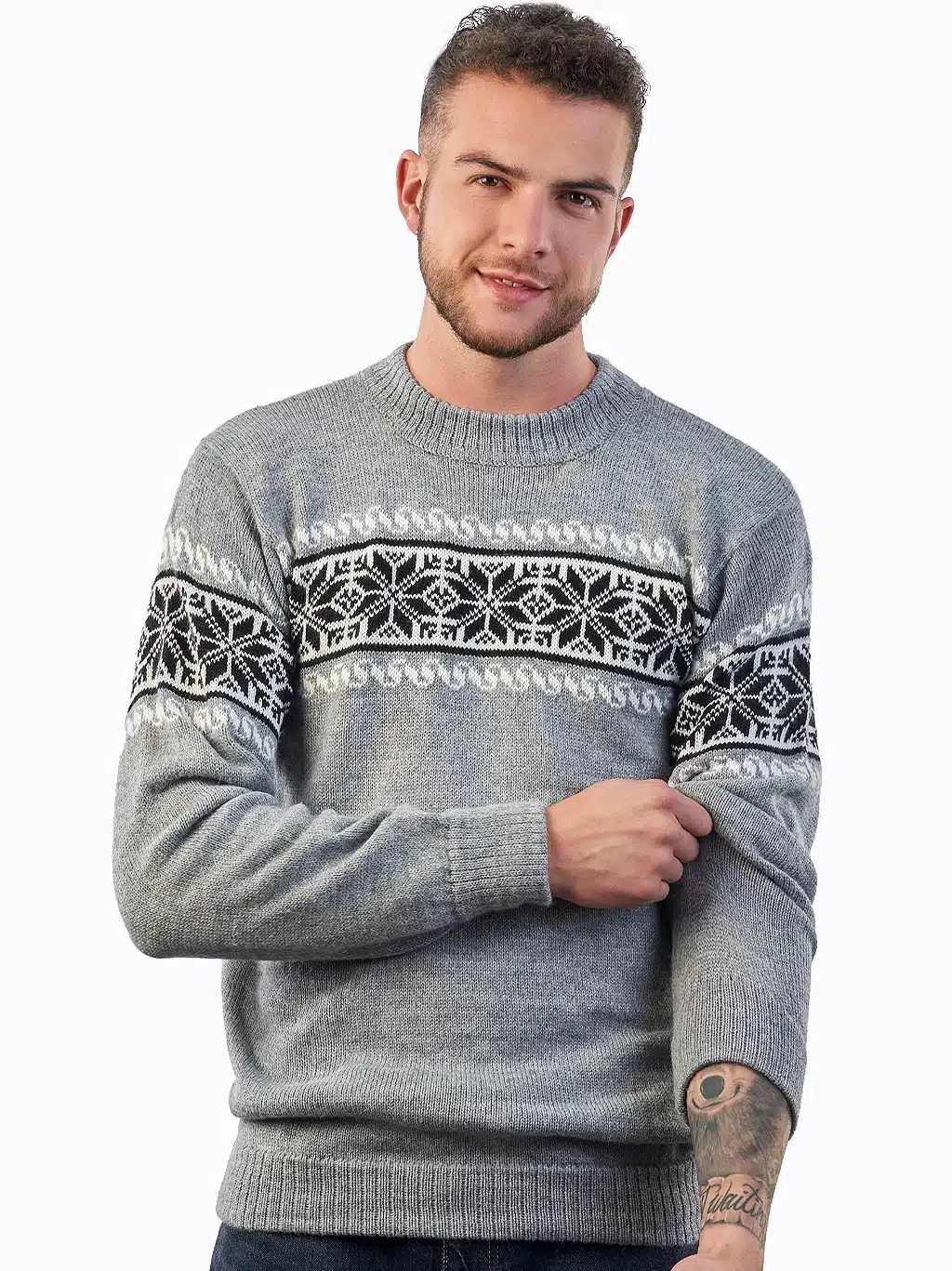 INTI0214 Men’s Alpaca Wool Winter Sweater – Gray Nordic Pullover