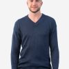 INTI0215 Blue alpaca sweater for men knitted in warm alpaca wool with V neck