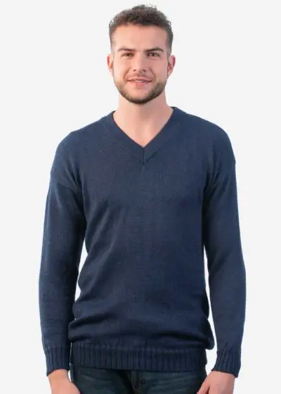INTI0215 Blue alpaca sweater for men knitted in warm alpaca wool with V neck