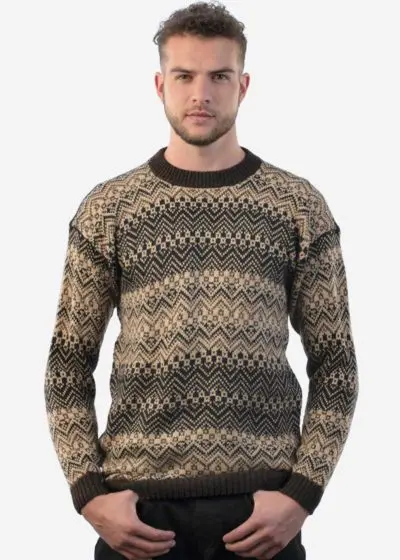 INTI0218 Men's Crewneck Fair Isle Alpaca Sweater in brown tones "Lavaredo"