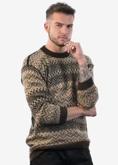 INTI0218 Men's Crewneck Fair Isle Alpaca Sweater in brown tones "Lavaredo"
