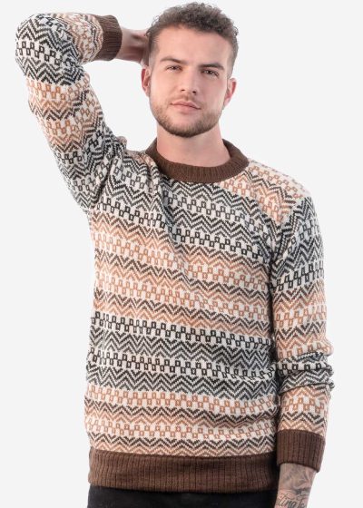 INTI0219 Intialpaca Men's Crewneck Fair Isle Alpaca Sweater in Beige Tones