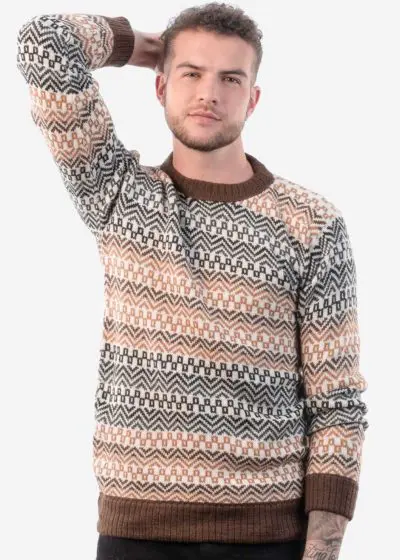 INTI0219 Intialpaca Men's Crewneck Fair Isle Alpaca Sweater in Beige Tones