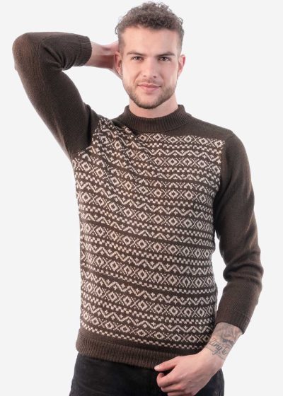 INTI0220 Intialpaca Andean Brown Alpaca Sweater with Long Sleeves for Men Pioneer