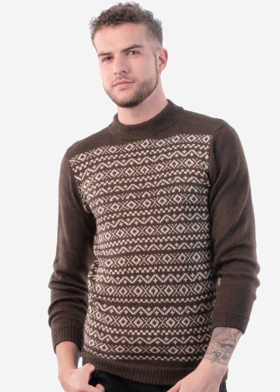INTI0220 Intialpaca Andean Brown Alpaca Sweater with Long Sleeves for Men Pioneer