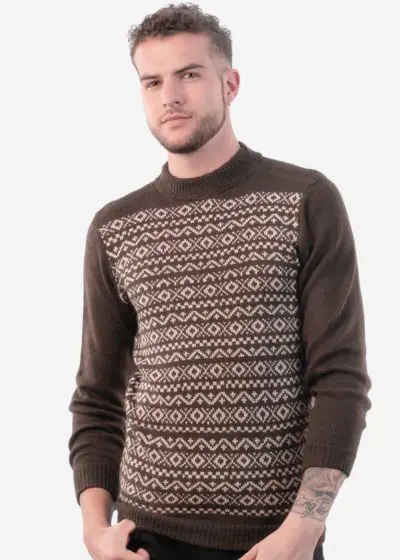 INTI0220 Intialpaca Andean Brown Alpaca Sweater with Long Sleeves for Men Pioneer