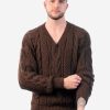 INTI ALPACA Mens Irish Fisherman Aran Sweater in Brown Alpaca Wool