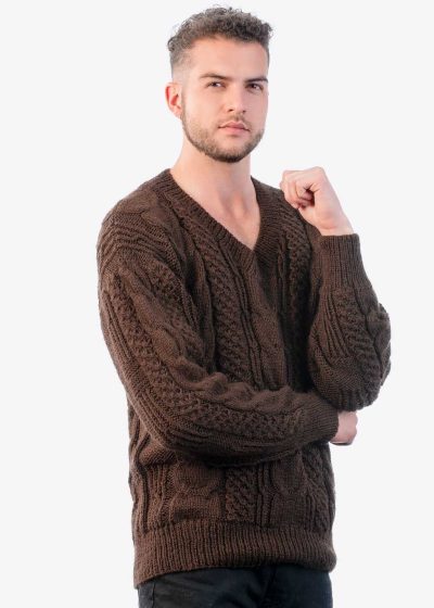 INTI ALPACA Mens Irish Fisherman Aran Sweater in Brown Alpaca Wool