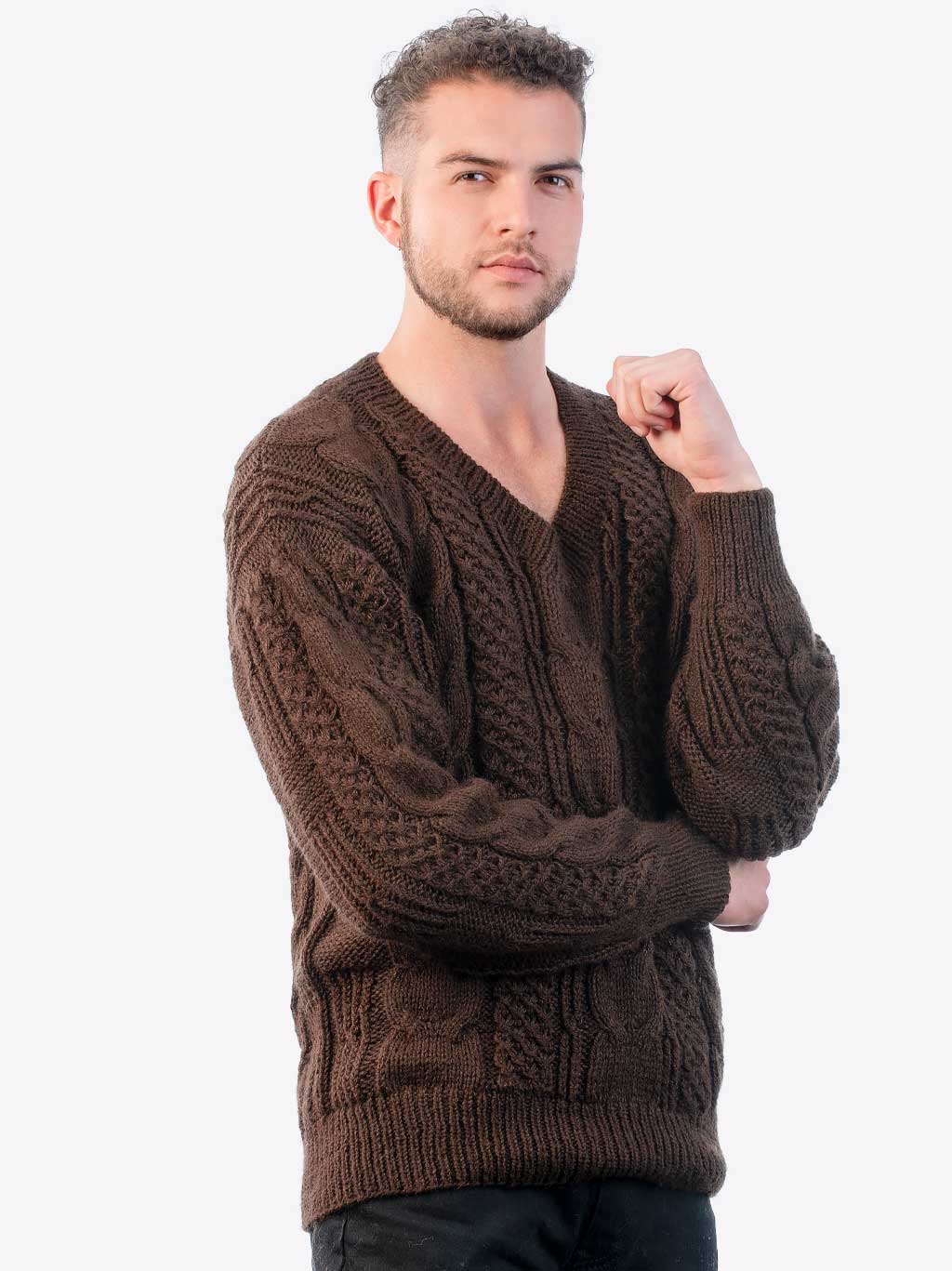 INTI ALPACA Men's Irish Fisherman Aran Sweater in Brown Alpaca Wool ...