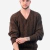 INTI ALPACA Mens Irish Fisherman Aran Sweater in Brown Alpaca Wool
