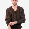 INTI ALPACA Mens Irish Fisherman Aran Sweater in Brown Alpaca Wool