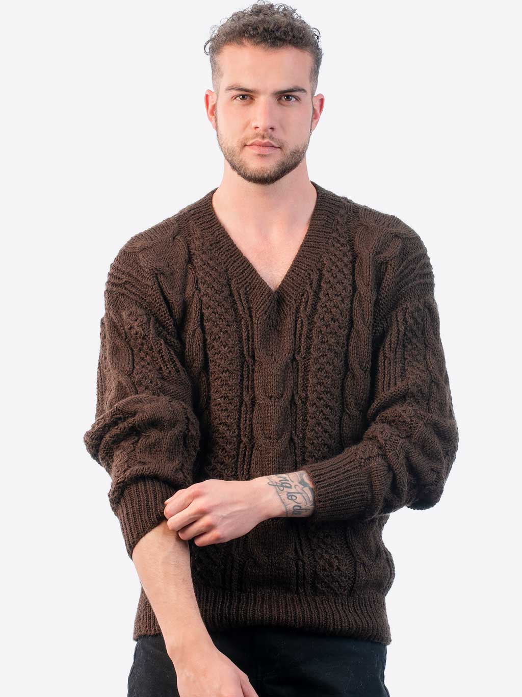 INTI ALPACA Men's Irish Fisherman Aran Sweater in Brown Alpaca Wool ...