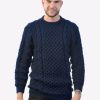 Intialpaca Men’s Crewneck Blue Hand Woven Irish Aran Alpaca Sweater “Apollo ”