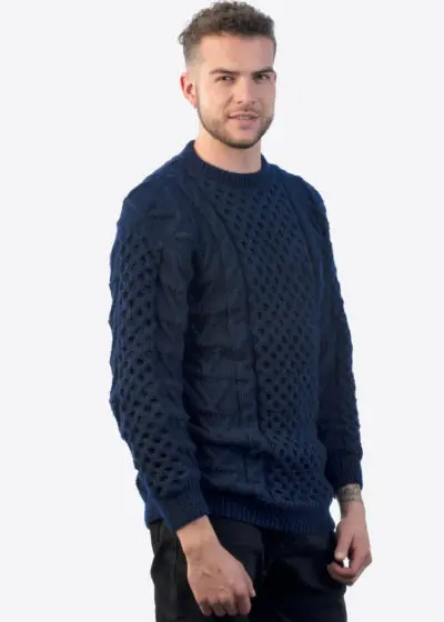 Intialpaca Men’s Crewneck Blue Hand Woven Irish Aran Alpaca Sweater “Apollo ”