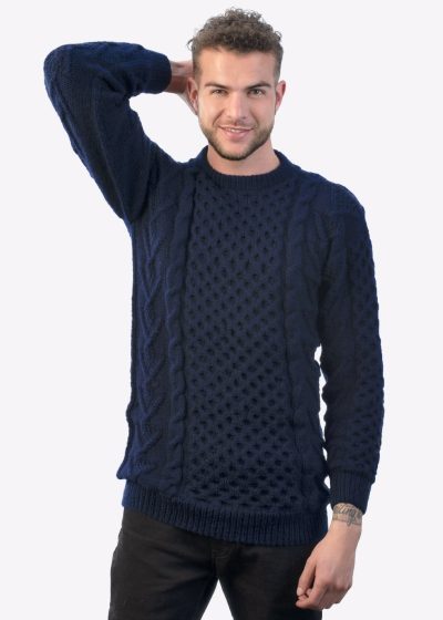 Intialpaca Men’s Crewneck Blue Hand Woven Irish Aran Alpaca Sweater “Apollo ”